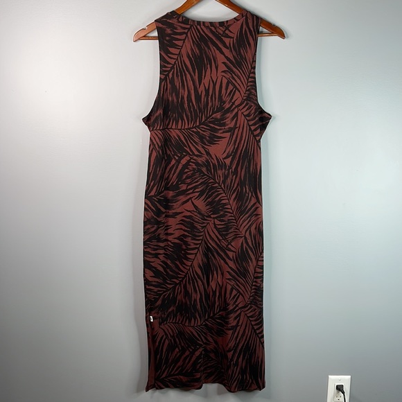 Vans Fern Tropical Print Midi Dress brown black sleeveless side slits beach L - Picture 6 of 9